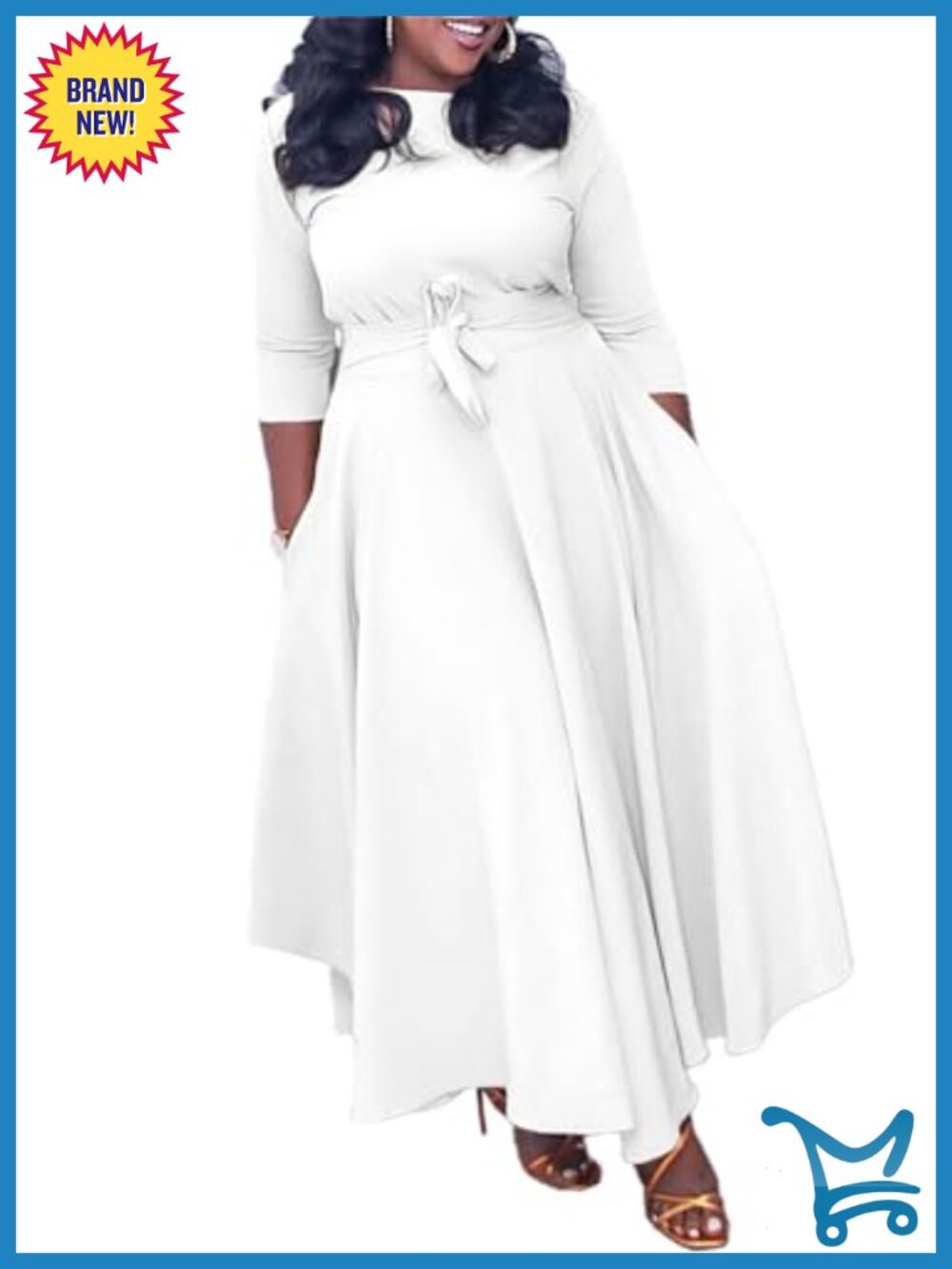 Plus Size Maxi Dress 3/4 Sleeve Ruffle Hem Belted Polyester Flowy A-Line